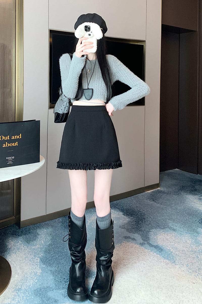 實拍加厚冬季2024新款洋氣顯瘦A字時尚半身裙女花邊拼接毛呢短裙