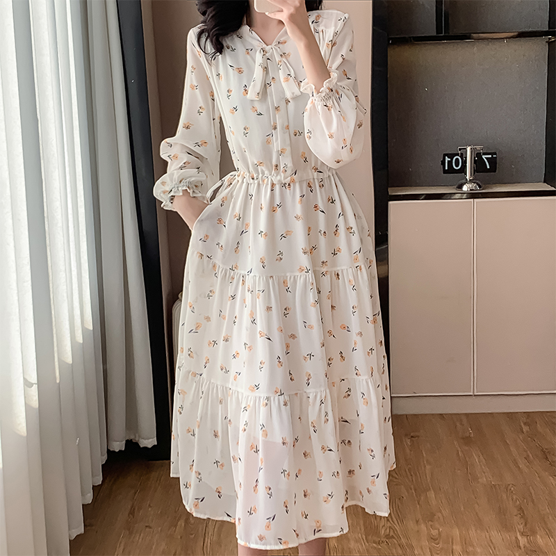 實拍法式碎花雪紡長袖連衣裙女裝秋季2025年新款收腰顯瘦氣質