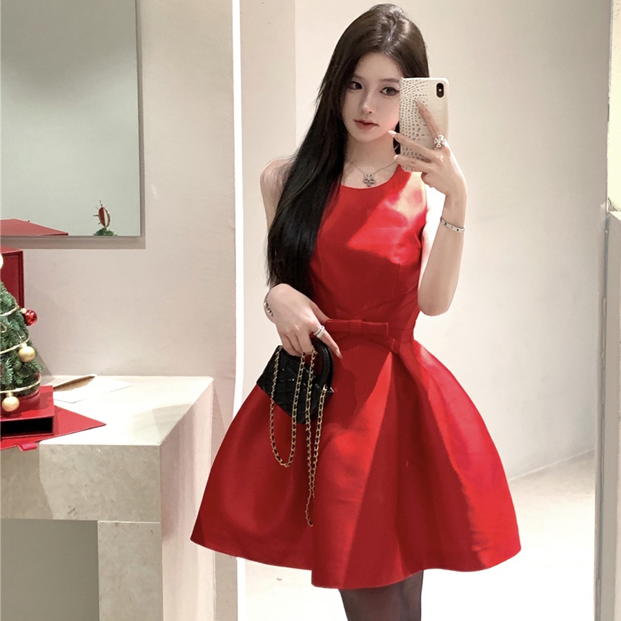 實拍復古性感圣誕新年蝴蝶結收腰顯瘦生日禮服連衣裙蓬蓬裙女