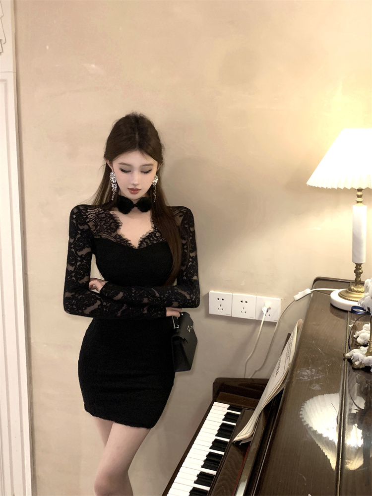 實拍實價 辣妹修身顯瘦長袖蕾絲連衣裙短款