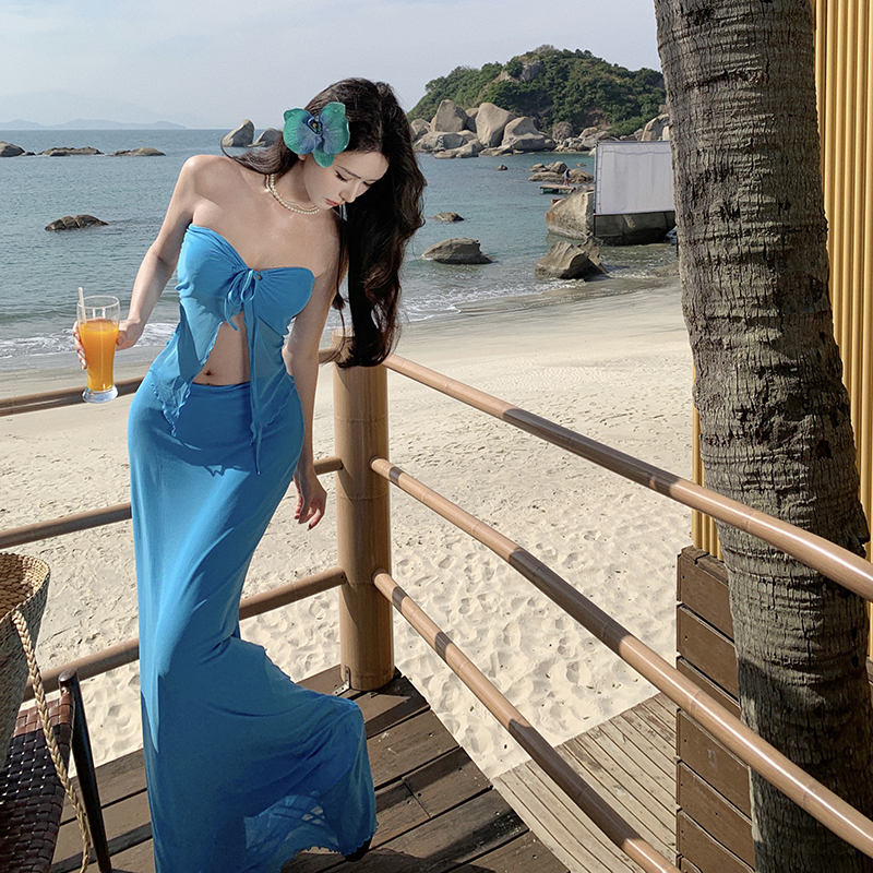 藍色抹胸系帶性感度假風海邊度假辣妹長裙包臀裙套裝