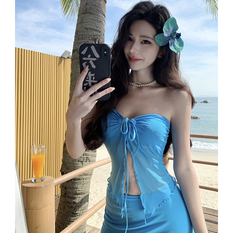 藍色抹胸系帶性感度假風海邊度假辣妹長裙包臀裙套裝