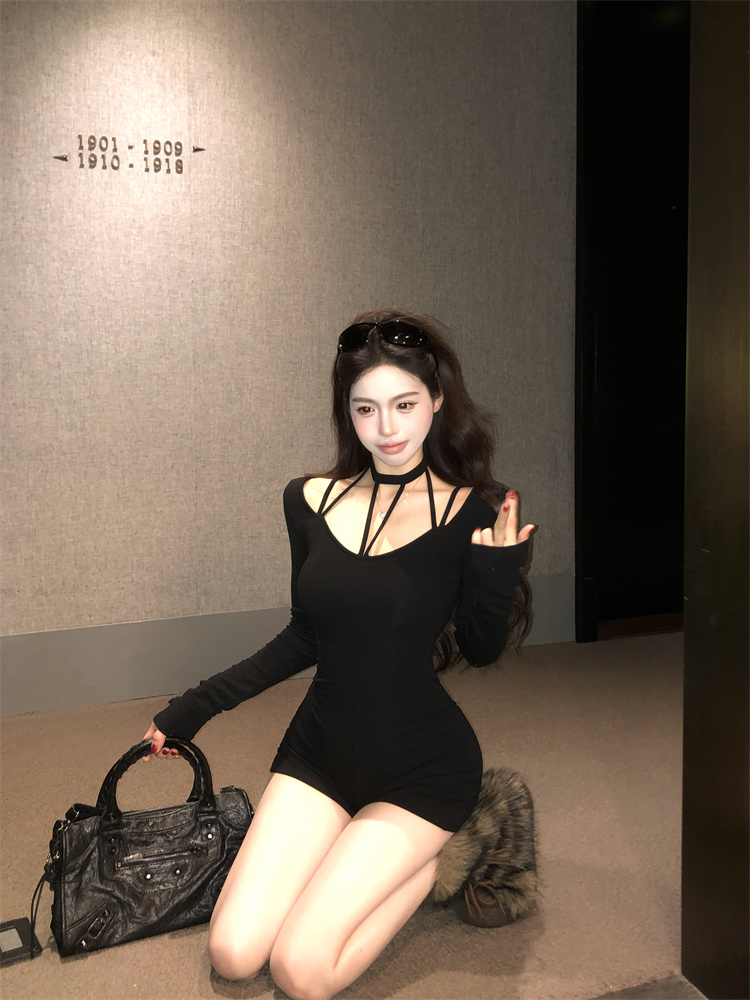 實拍實價  辣妹修身顯瘦長袖打底連體褲短款