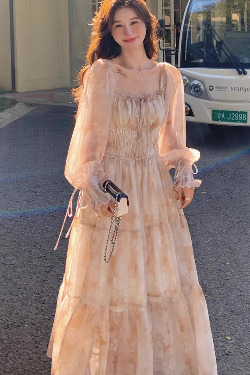 法式印花雪紡連衣裙女新款溫柔氣質顯瘦絕美爆款仙女長裙韓單