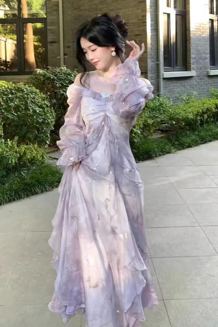 2025氣質仙女紫暈染仙氣蝴蝶燙金荷葉邊長袖連衣裙韓單外貿跨境爆