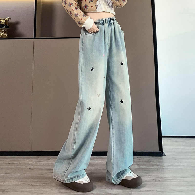 實拍 星星繡花牛仔長褲寬松緊高腰直筒拖地顯瘦加肥大碼女裝230斤