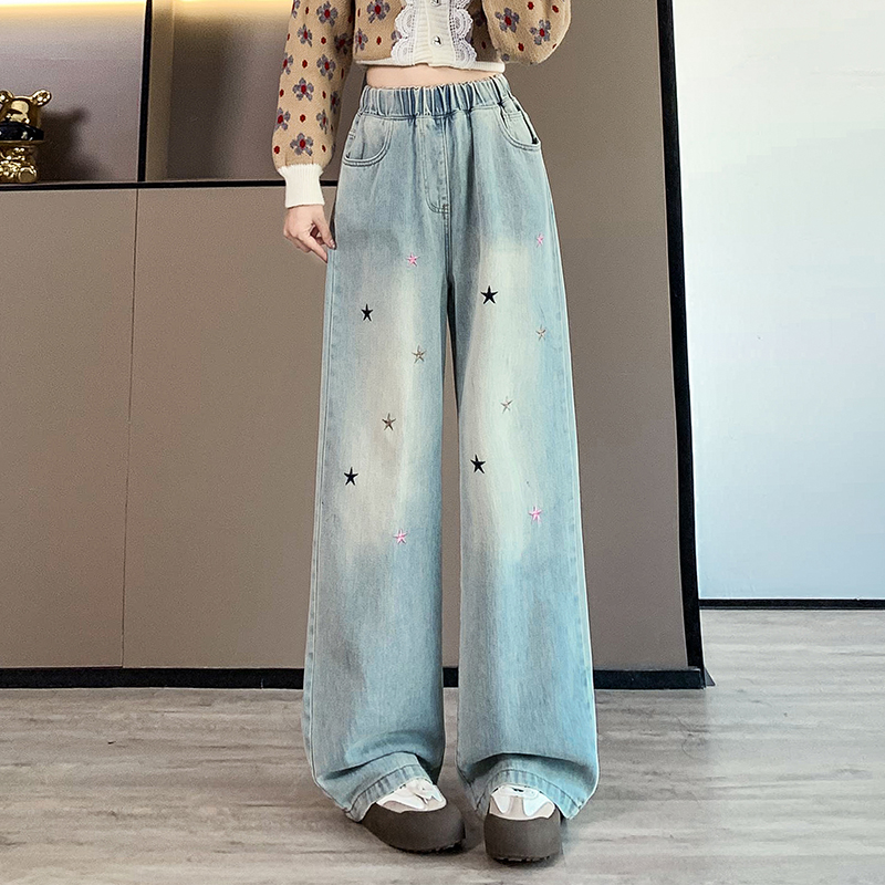 實拍 星星繡花牛仔長褲寬松緊高腰直筒拖地顯瘦加肥大碼女裝230斤