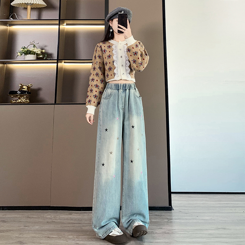 實拍 星星繡花牛仔長褲寬松緊高腰直筒拖地顯瘦加肥大碼女裝230斤