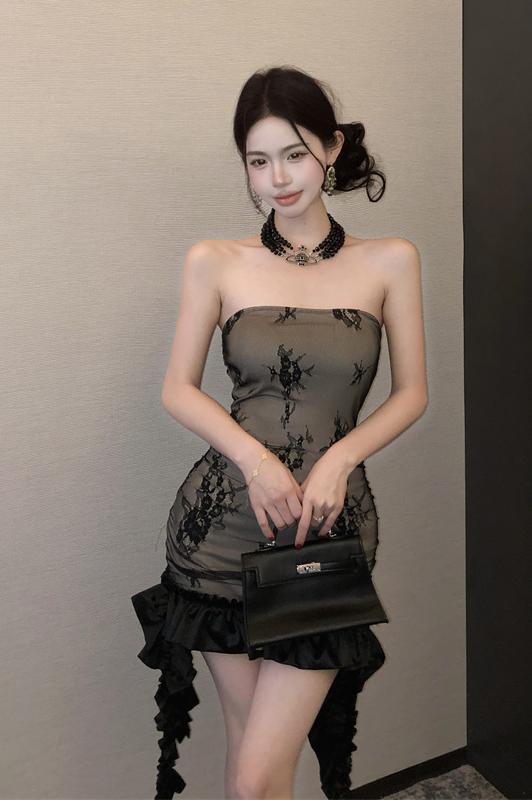 實拍實價 辣妹抹胸蕾絲不規則木耳邊下擺連衣裙短款
