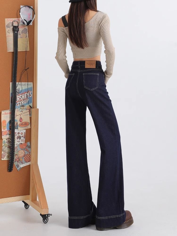 美式復古深藍色簡約高腰百搭牛仔褲女通勤2026百搭款微喇馬蹄長褲