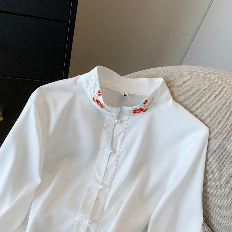 實拍 新中式國風立領刺繡白色長袖襯衫女復古唐裝漢服上衣女