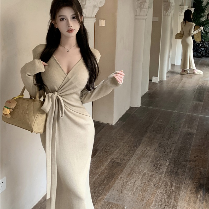 實拍綁帶裙厚針織交叉褶皺收腰顯瘦長袖包臀魚尾連衣裙女