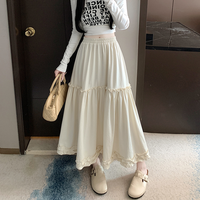 實拍2026春季新款芭蕾風木耳邊半身裙傘裙女高腰顯瘦中長裙A字裙
