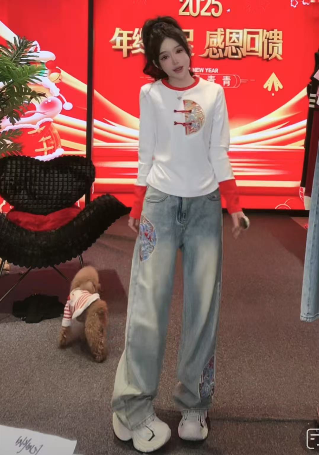 人間富貴 國風中式直筒女士牛仔褲