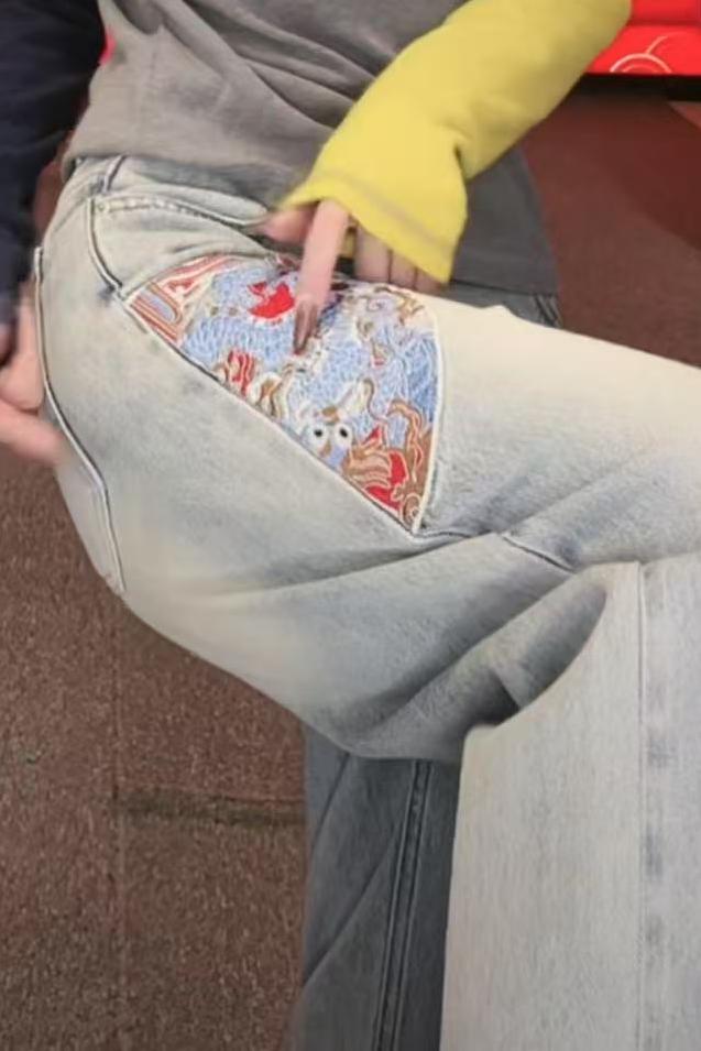 人間富貴 國風中式直筒女士牛仔褲