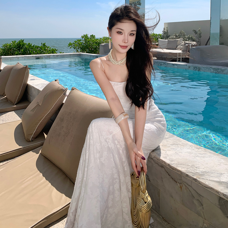 優雅束腰晚禮服象牙白度假連衣裙