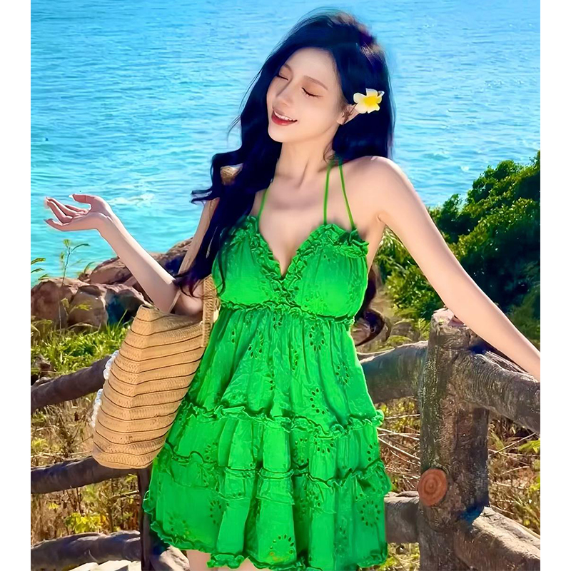 實拍木耳邊露背度假風三亞沙灘海邊吊帶連衣裙