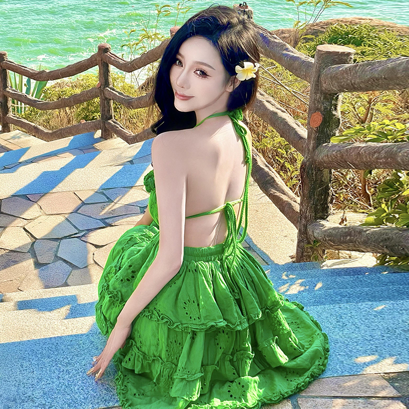 實拍木耳邊露背度假風三亞沙灘海邊吊帶連衣裙