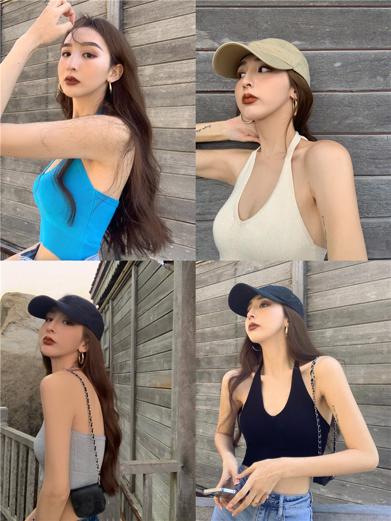 夏季綁帶V領掛脖吊帶調節背心女網紅辣妹炸街美背外穿短款ins上衣