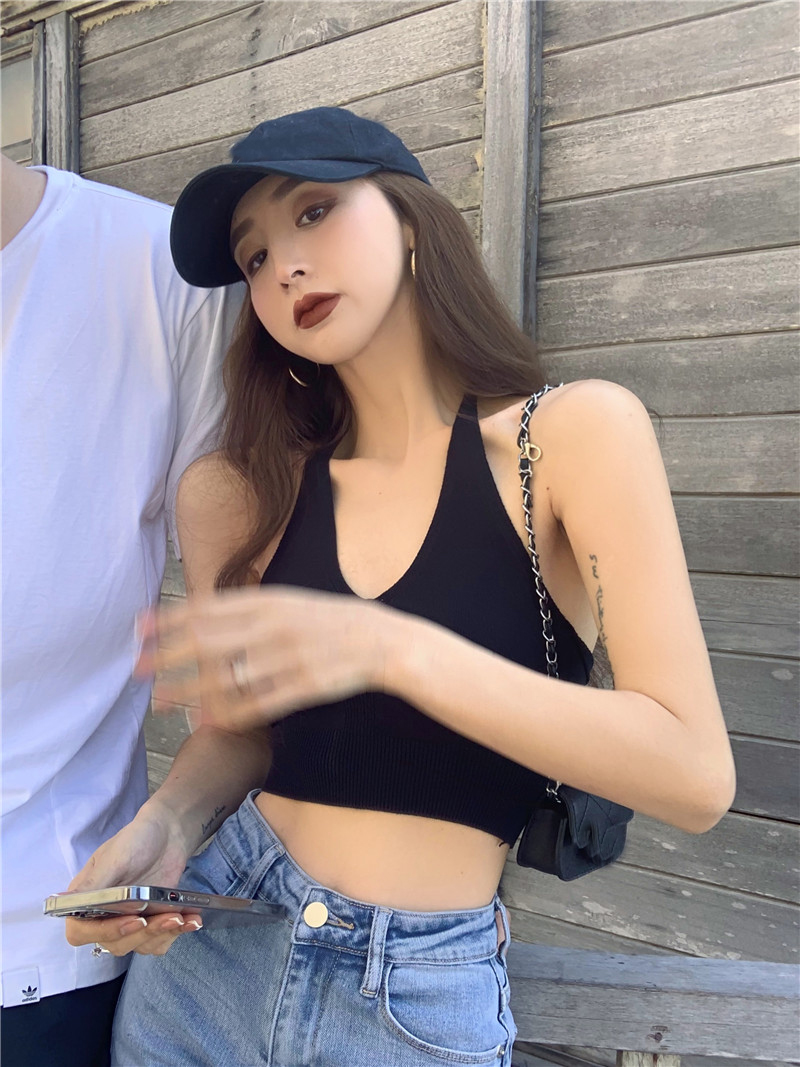 夏季綁帶V領掛脖吊帶調節背心女網紅辣妹炸街美背外穿短款ins上衣