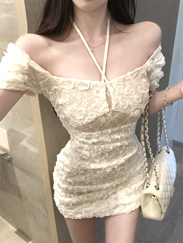 實拍實價  辣妹蕾絲拼接立體花朵修身顯瘦連衣裙包臀短款