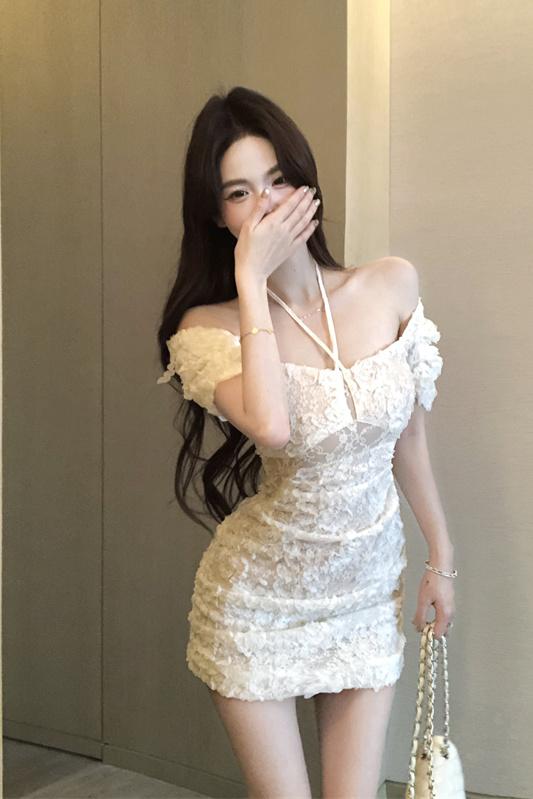實拍實價  辣妹蕾絲拼接立體花朵修身顯瘦連衣裙包臀短款