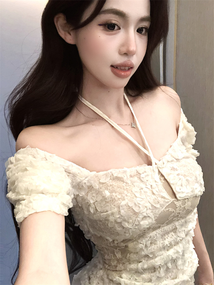 實拍實價  辣妹蕾絲拼接立體花朵修身顯瘦連衣裙包臀短款