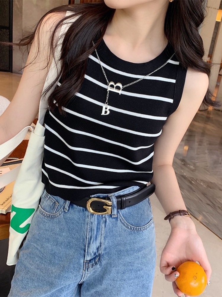 別致針織條紋吊帶背心春夏美背法式打底短款上衣外穿配防曬衣內搭