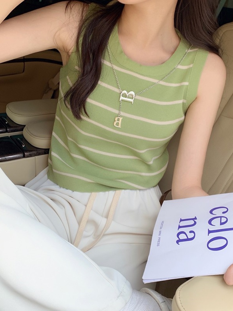別致針織條紋吊帶背心春夏美背法式打底短款上衣外穿配防曬衣內搭