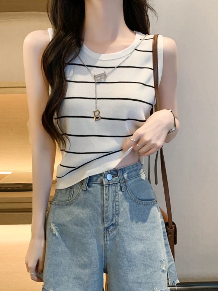 條紋針織小背心女夏外穿設計感小眾內搭短款辣妹無袖吊帶打底上衣