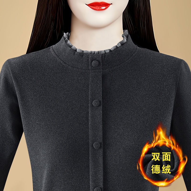 2025秋冬季新款加絨保暖木耳花邊袖打底衫女氣質設計感上衣長袖