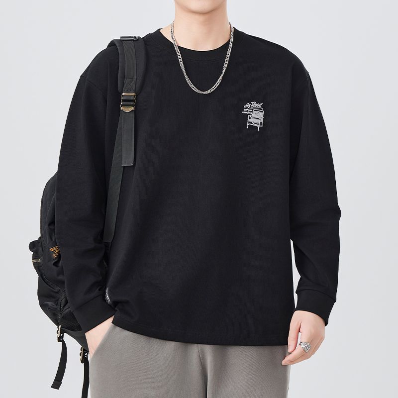 實拍2025春季新款刺繡logo長袖T恤男復古潮牌寬松重磅體恤打底衫