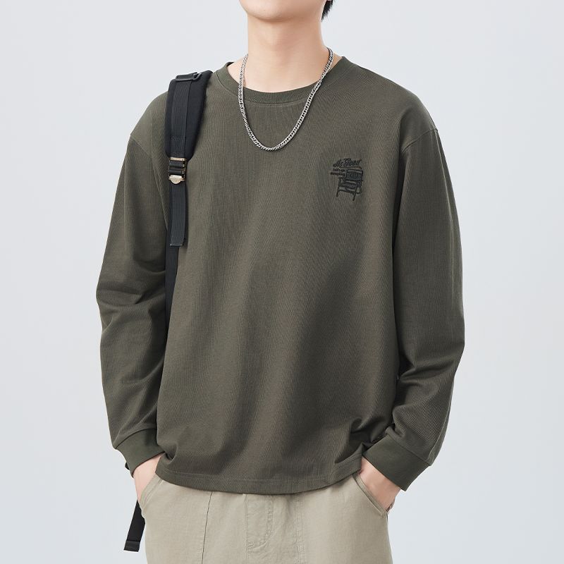 實拍2025春季新款刺繡logo長袖T恤男復古潮牌寬松重磅體恤打底衫