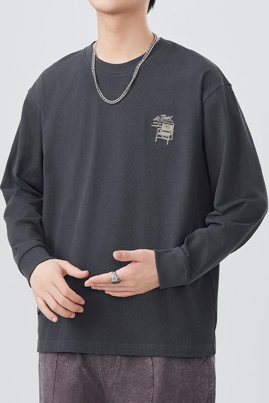 實拍2025春季新款刺繡logo長袖T恤男復古潮牌寬松重磅體恤打底衫