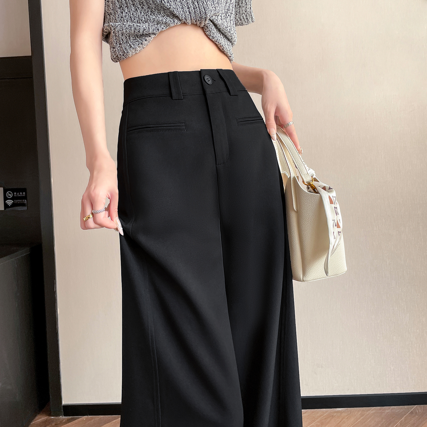 杏色西裝闊腿褲女2026春季新款高腰顯瘦垂感高級感休閑直筒拖地褲