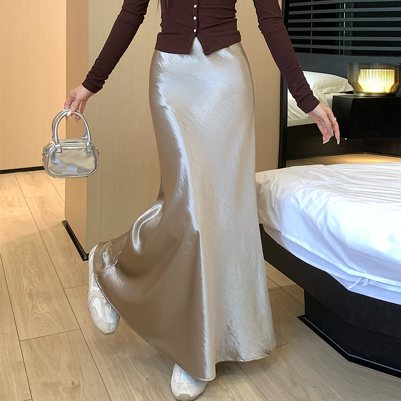 實拍 醋酸緞面魚尾裙半身裙女2026春夏高腰垂感a字遮胯包臀中長裙