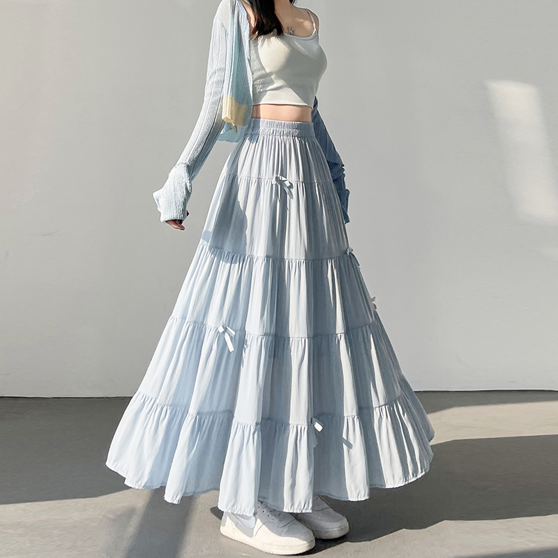 實拍蝴蝶結半身裙女2026春季蛋糕裙中長款高腰垂感a字大擺傘裙子