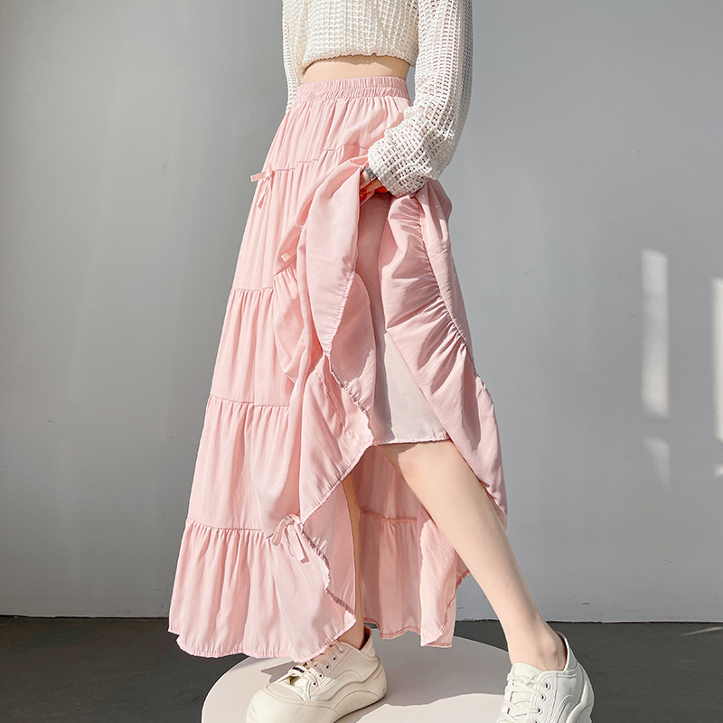 實拍蝴蝶結半身裙女2026春季蛋糕裙中長款高腰垂感a字大擺傘裙子