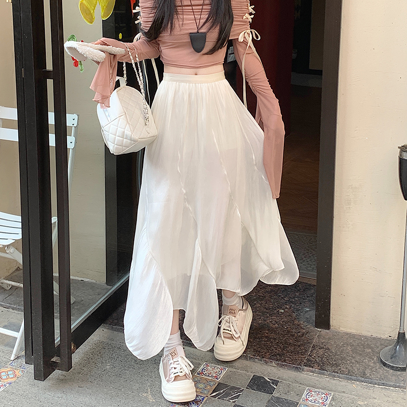 實拍珠光紗亮紗不規則半身裙女夏季中長款裙子飄逸氣質甜美A字裙