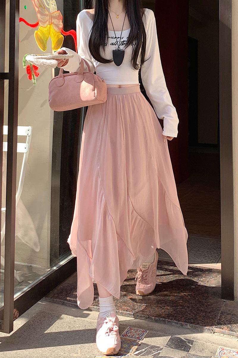 實拍珠光紗亮紗不規則半身裙女夏季中長款裙子飄逸氣質甜美A字裙