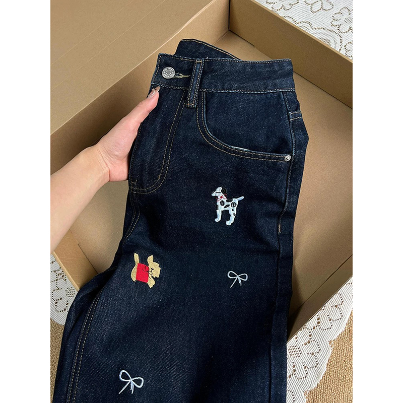 2025春季新款深藍色小狗刺繡牛仔褲女慵懶松弛感闊腿拖地長褲子