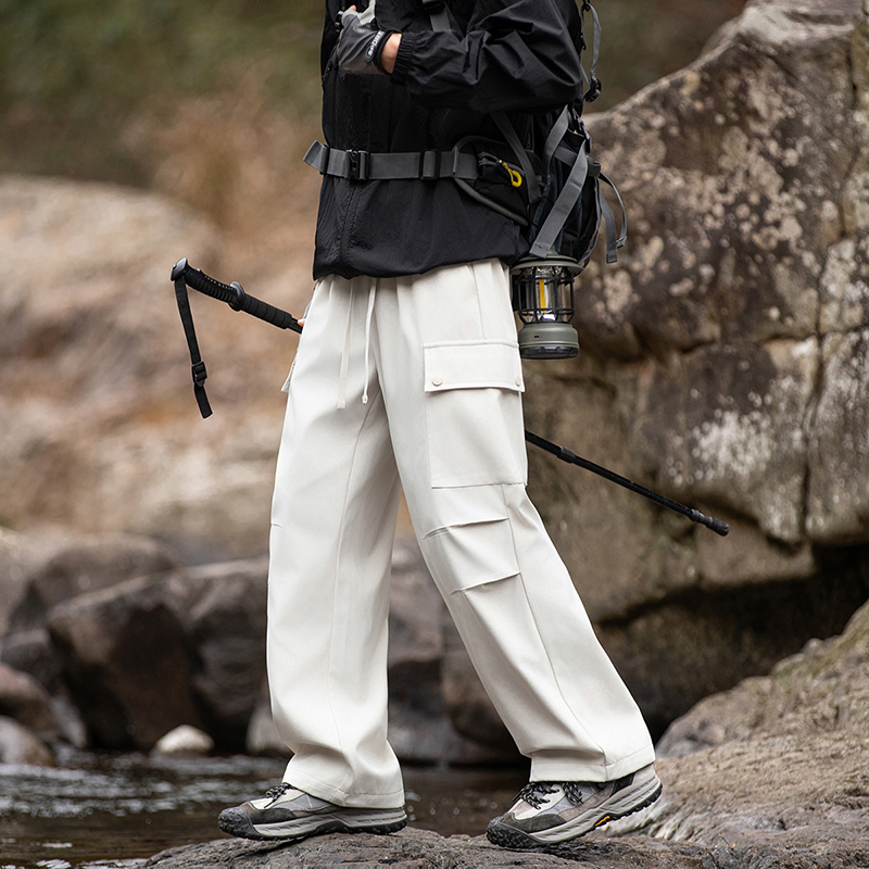 實拍2025春秋新款休閑褲男潮牌工裝寬松闊腿束腳抽繩顯瘦百搭褲子
