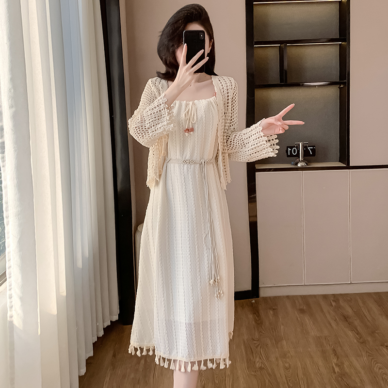 實拍波西米亞流蘇吊帶白色收腰連衣裙披肩套裝2025開春小個子裙子