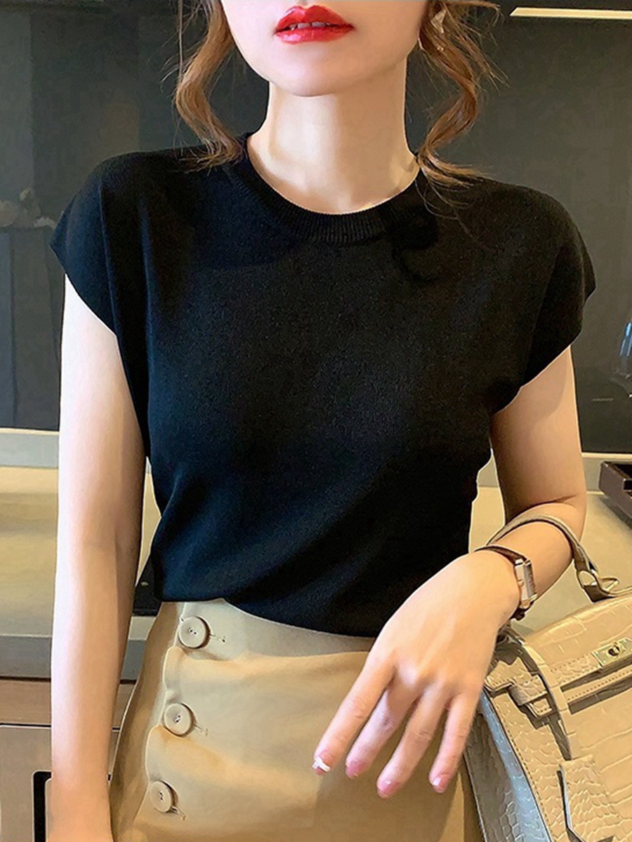 2026年新款冰絲針織衫女夏季薄款落肩袖寬松顯瘦圓領短袖打底上衣