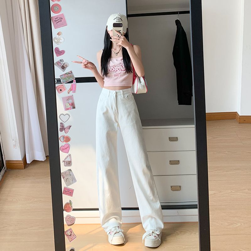 白色窄版闊腿牛仔褲女2026春夏新款百搭高腰小個子顯瘦垂感拖地褲