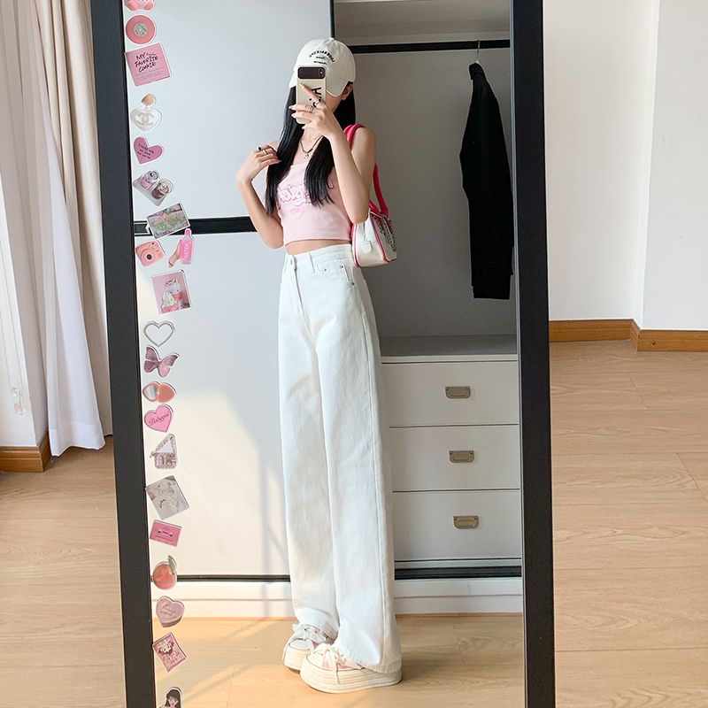 白色窄版闊腿牛仔褲女2026春夏新款百搭高腰小個子顯瘦垂感拖地褲