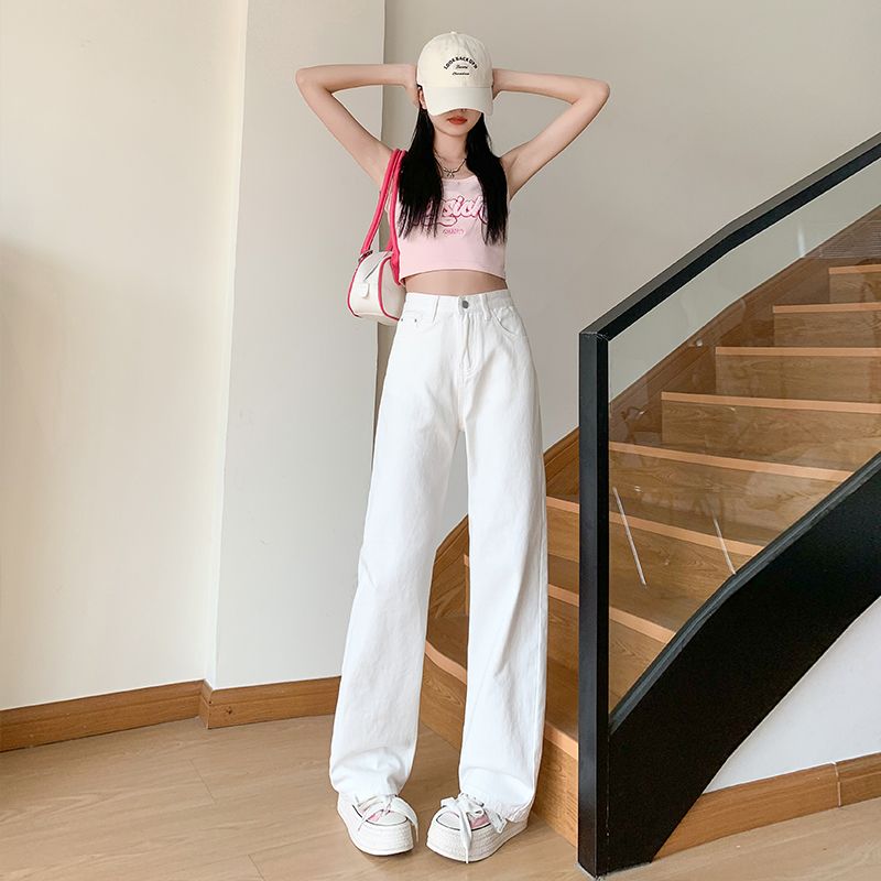 白色窄版闊腿牛仔褲女2026春夏新款百搭高腰小個子顯瘦垂感拖地褲