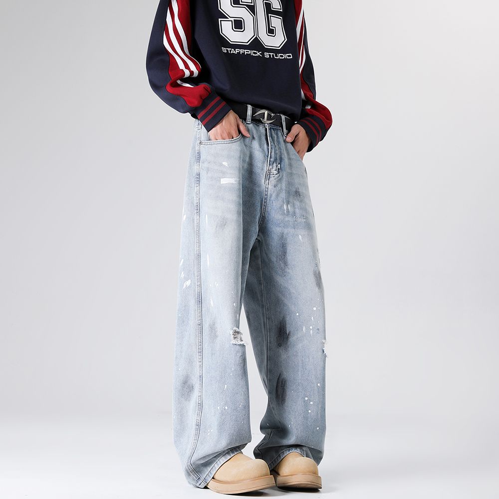 實拍2025新款美式潮牌破洞灼燒牛仔褲男水炒鹽水洗街頭潮牌長褲