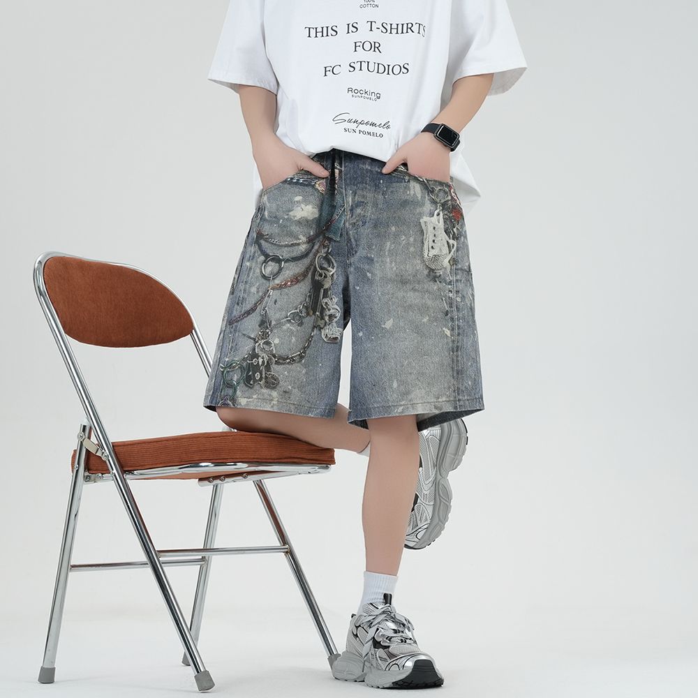 實拍2025夏季新款潮牌牛仔短褲男3D印花水洗高街百搭嘻哈五分褲