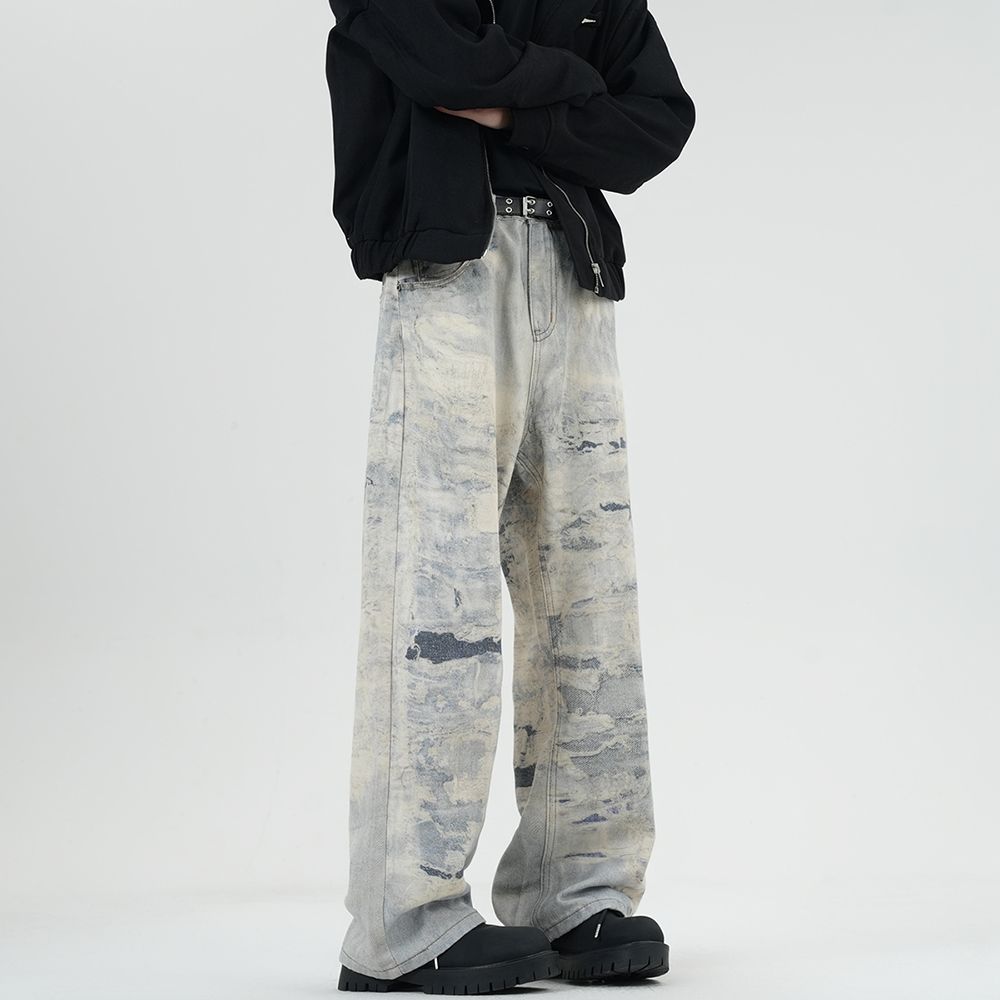 實拍2025新款獨特寬松AC潮款灼燒牛仔長褲男炒鹽水洗街頭中性潮牌